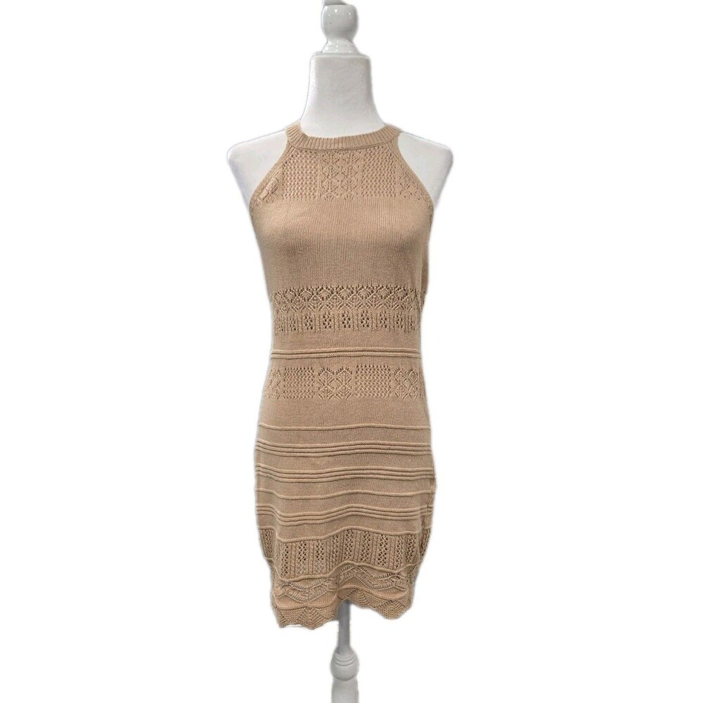 Jolie & Joy Womens Beige Knit Dress Halter Textured Crochet Detail Size Large